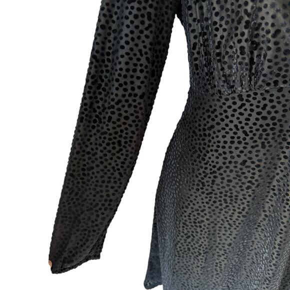 Fit & Flare Black Dress Small Faux Wrap Long Sleeves Burnout Velvet Polka Dot - Picture 9 of 15